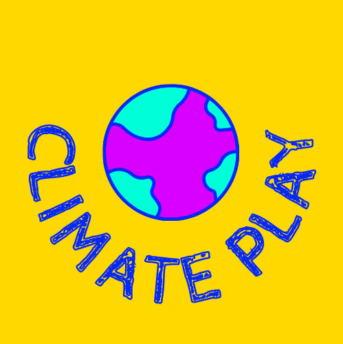 Yellow background with a cartoon illustration of the earth, with the words Climate Play wrapped around the bottom.